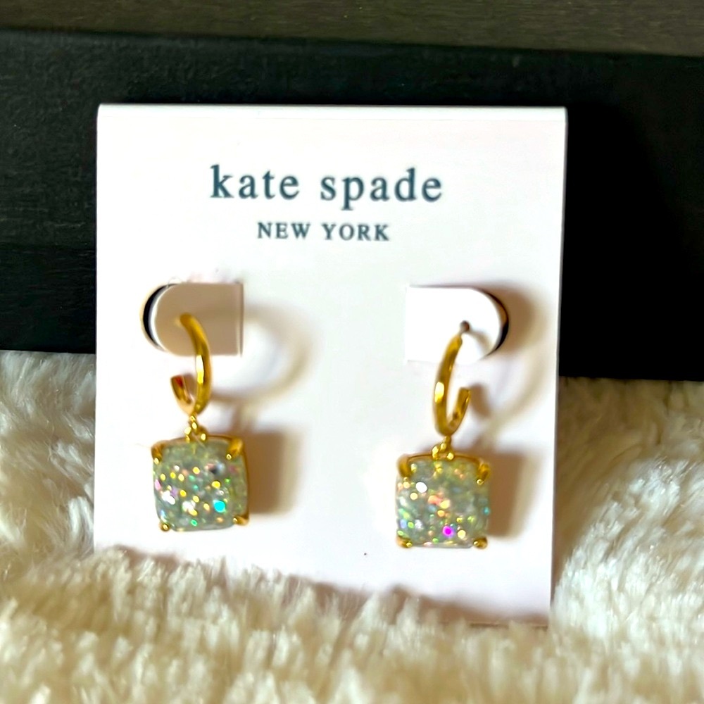 Kate Spade Mini Small Square Opal-Look Glitter Gold-Tone Huggie Earrings NWT